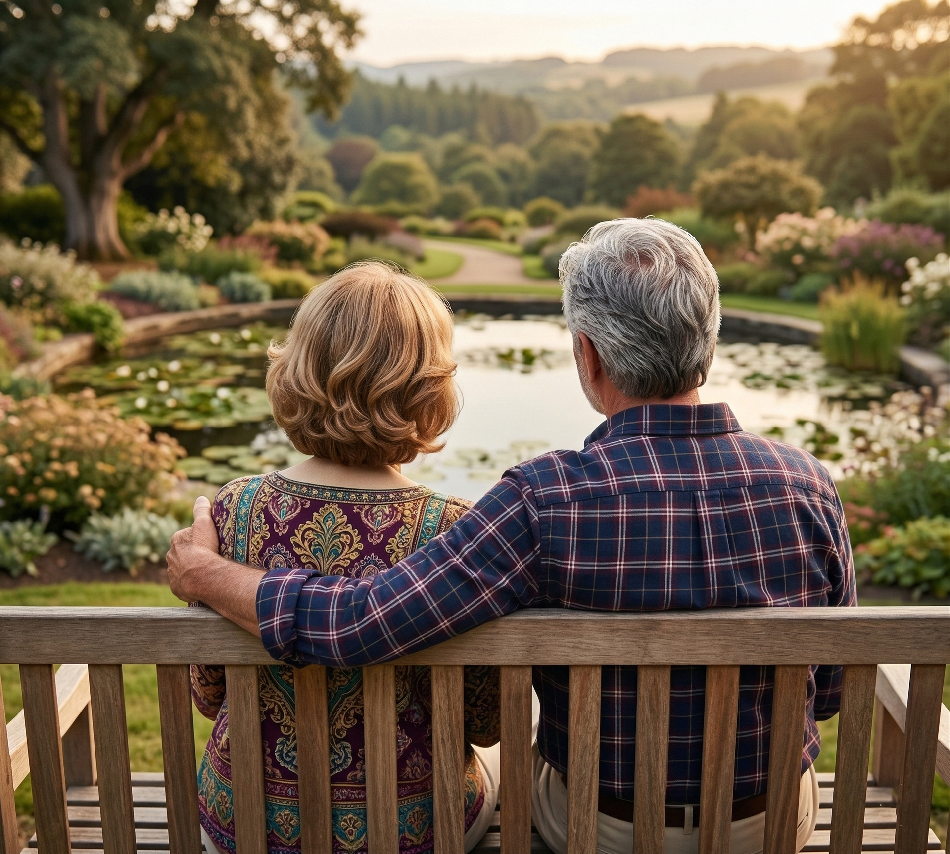 Two people sitting on a wooden bench, arms around each other, facing a pond in a lush garden at sunset.