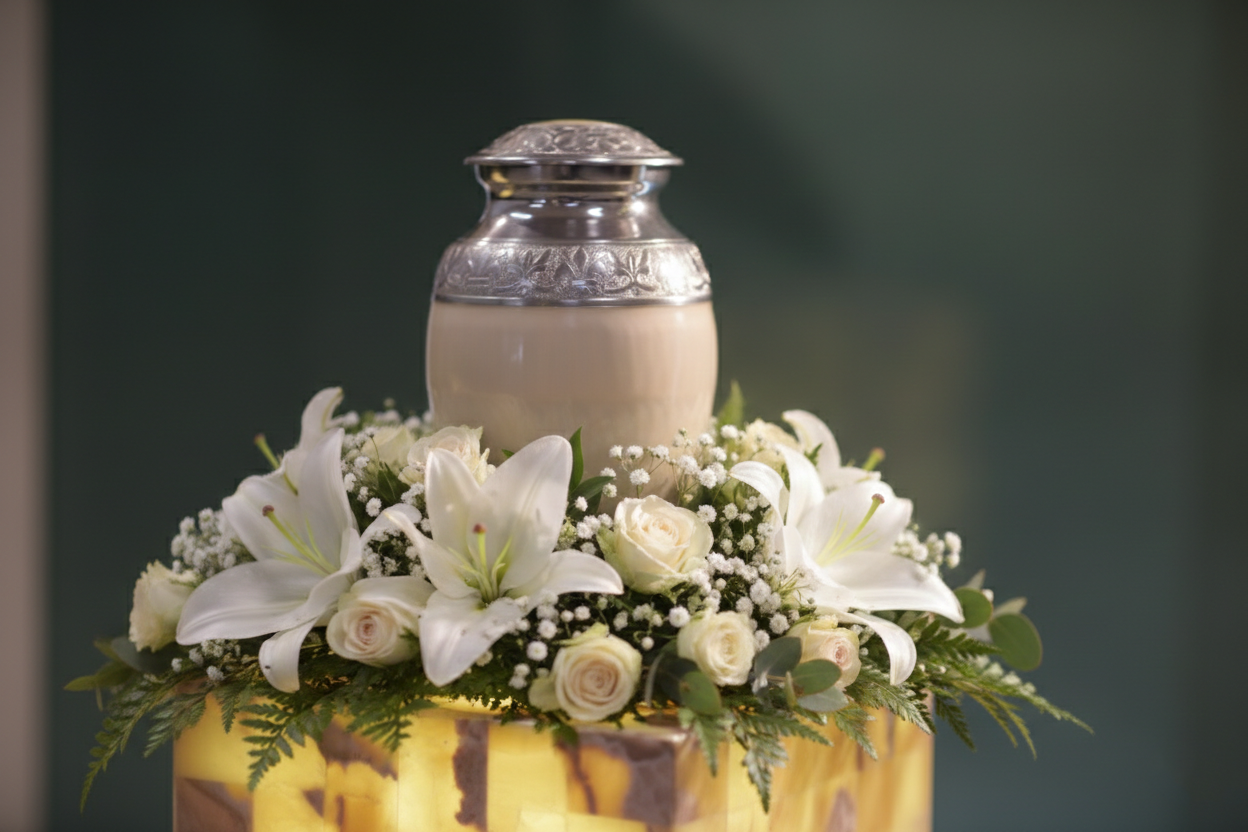 A silver-lidded cremation urn sits atop a round arrangement of white lilies, roses, and baby's breath.