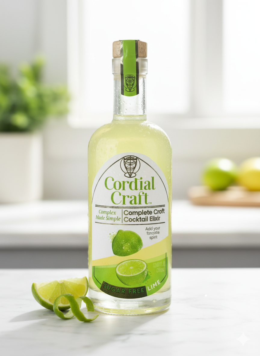Lime cordial bottle on a counter with lime slices and a cutting board in a bright kitchen.