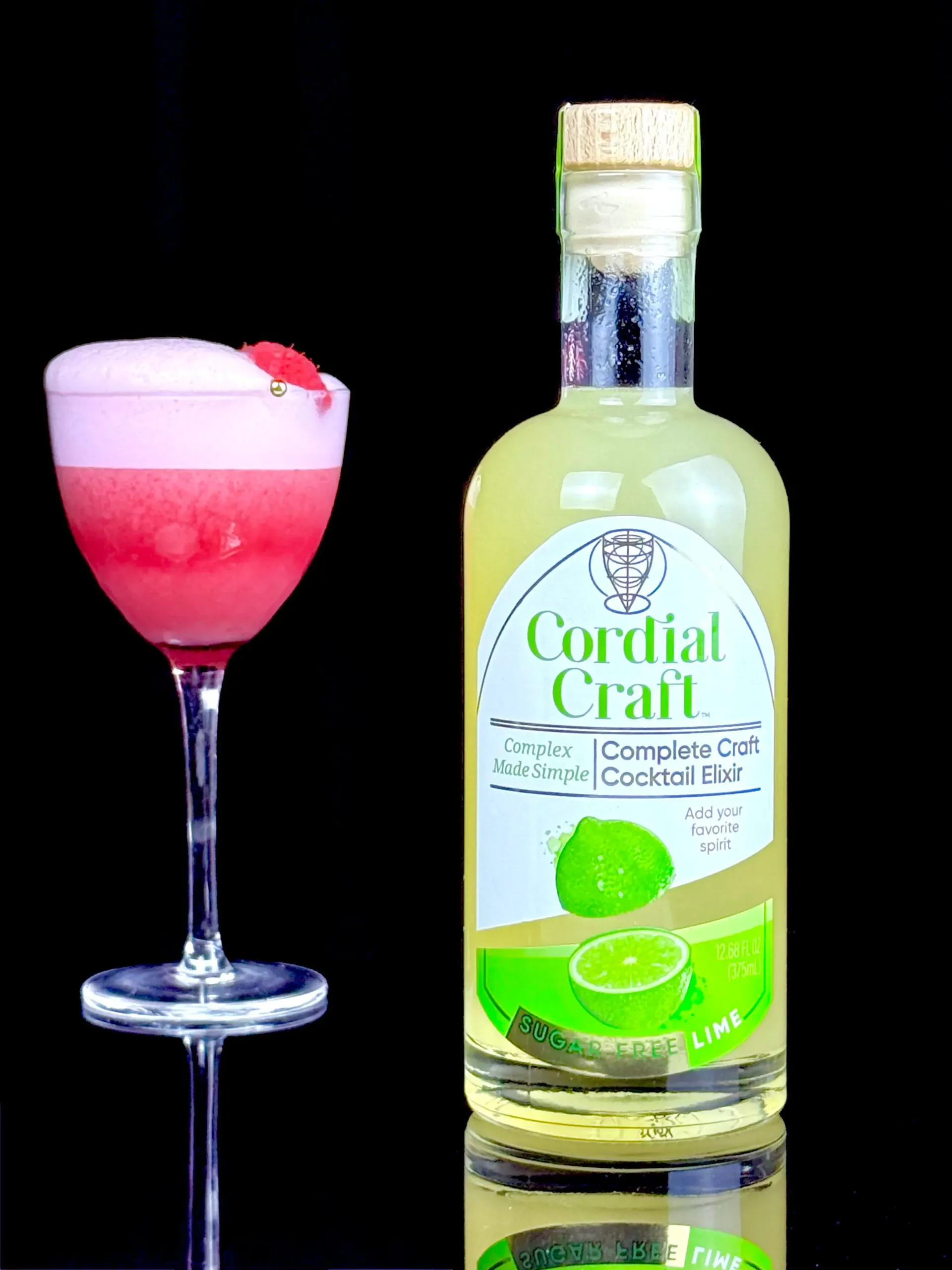 Clover Redux cocktail beside a bottle of Cordial Craft Zero-Sugar Lime Cordial