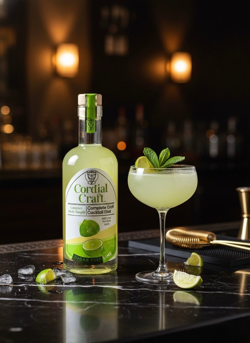 Cordial Craft Zero-Sugar Lime Cordial bottle beside a finished lime cocktail