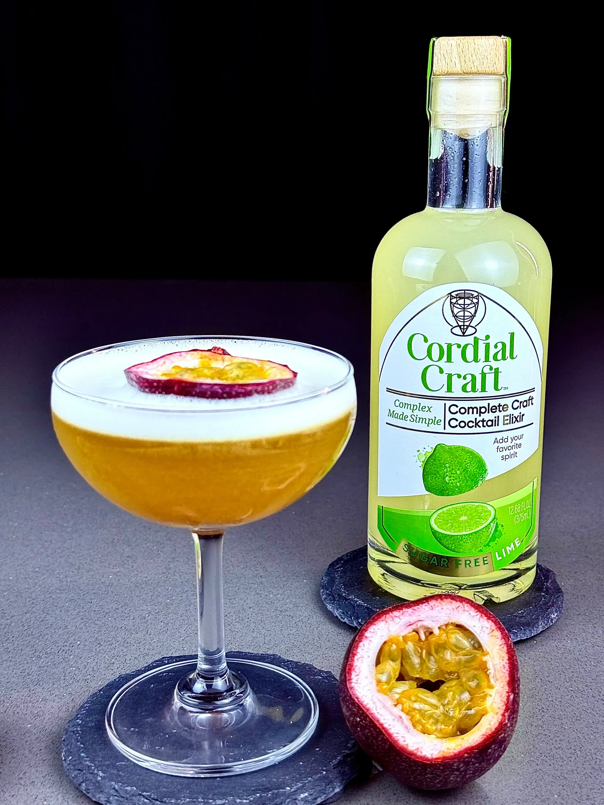 Pornstar Martini-style cocktail beside a Cordial Craft Zero-Sugar Lime Cordial bottle