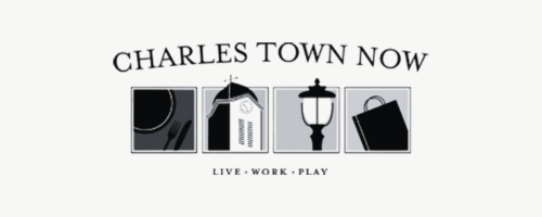 Logo for Charles Town Now featuring icons of a place setting, building, streetlamp, and shopping bag with the text below.