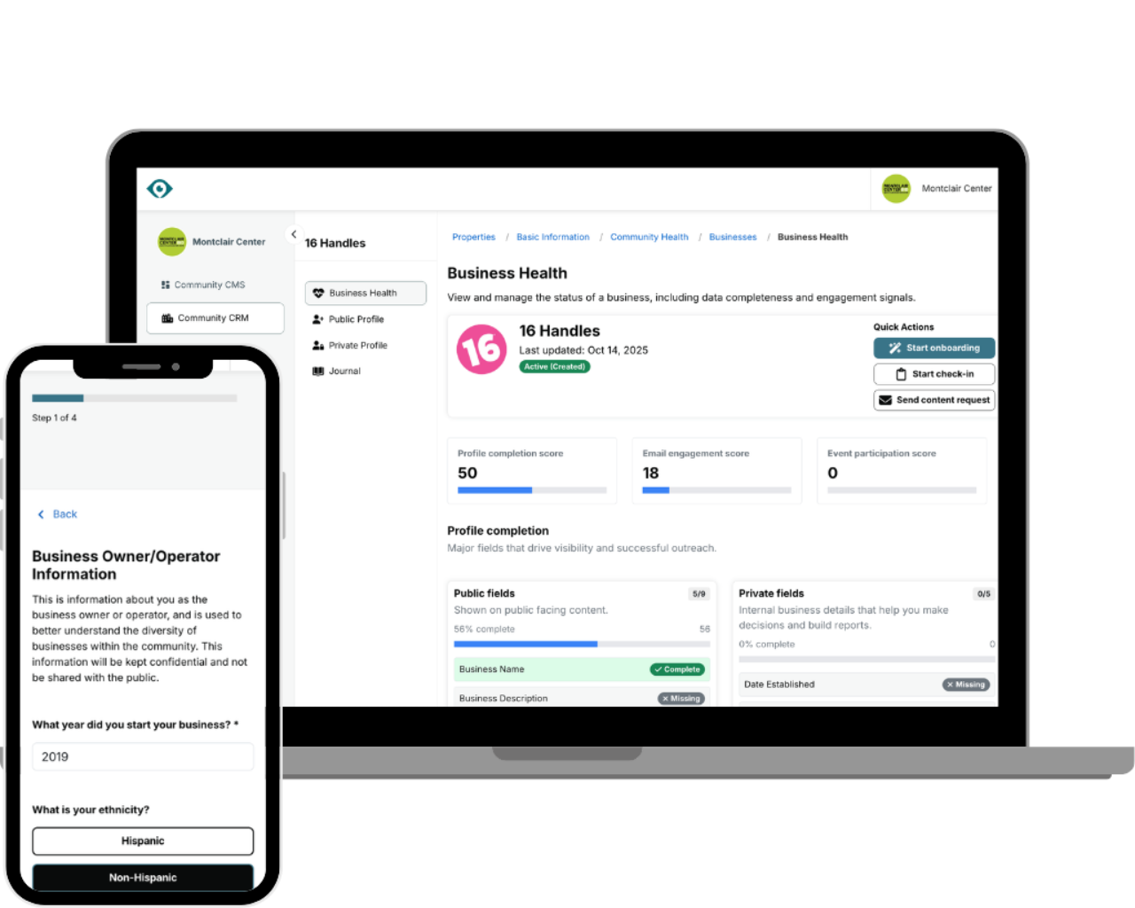 Laptop and smartphone displaying a dashboard interface for business owner information and goal management.