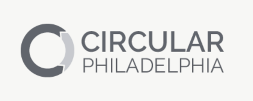 Logo for Circular Philadelphia, featuring a stylized circular arrow icon next to the organization's name in grey text.