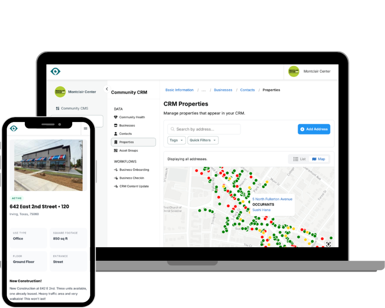 Laptop and smartphone displaying a real estate management dashboard with property listings and an interactive map view.