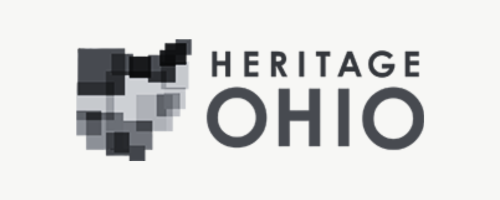The Heritage Ohio logo, featuring a pixelated map of Ohio next to the organization's name in bold, dark gray text.