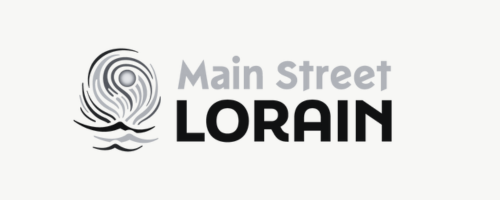 Logo for Main Street Lorain, featuring a stylized grey swirl above waves next to the bold, black text