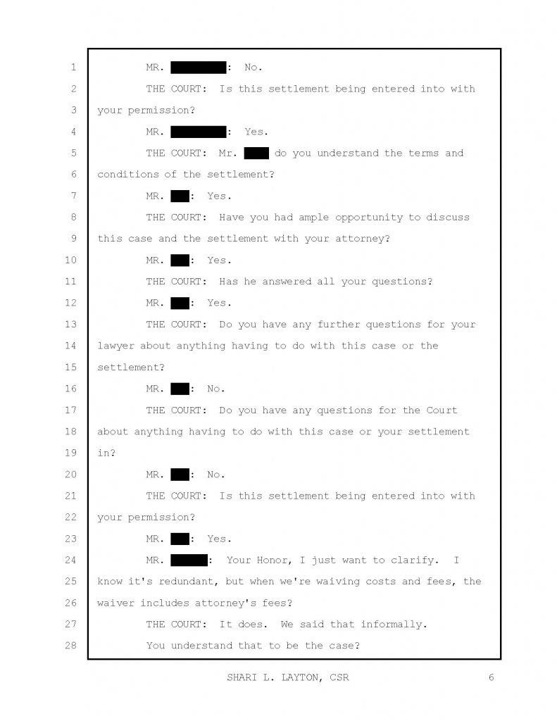 An image of a transcript of a successful legal outcome.