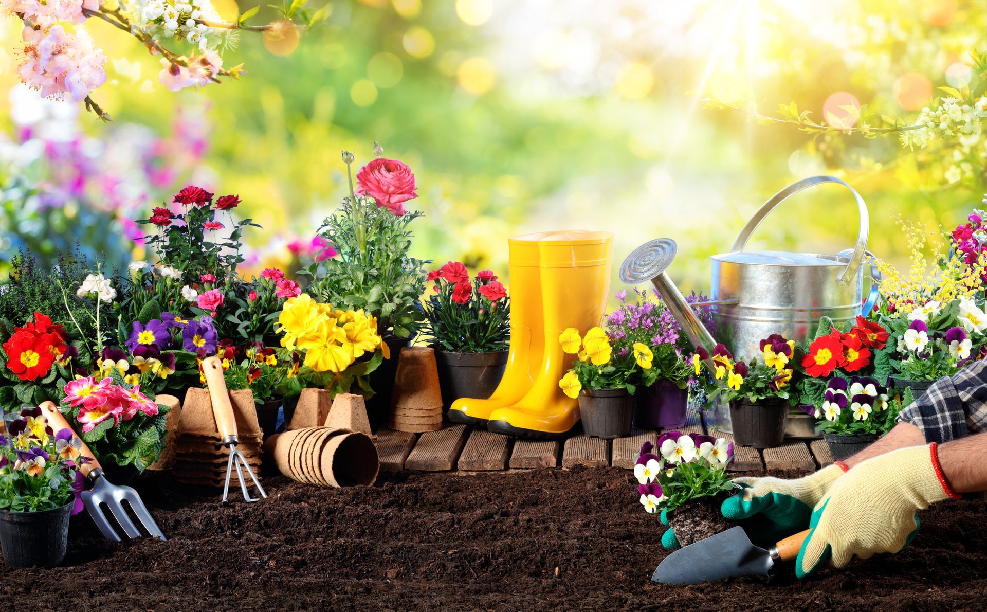 A person is planting flowers in a garden.