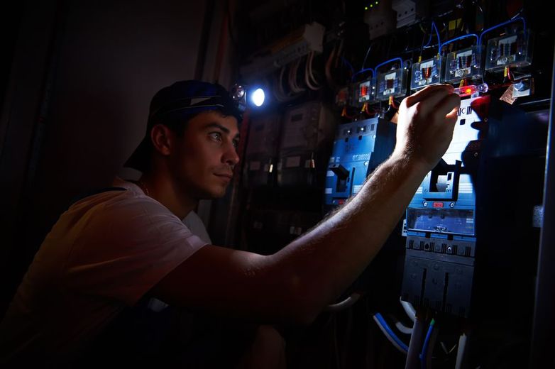 Technician inspecting electrical panel with a flashlight in a dimly lit room