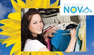 Woman smiling, reaching for clothing in closet. Dry Clean NOVA logo. Yellow sunflower.