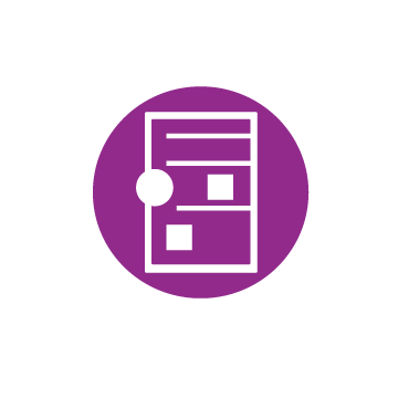 Purple circle with white outline of a cabinet with contents; a large white circle on the left.