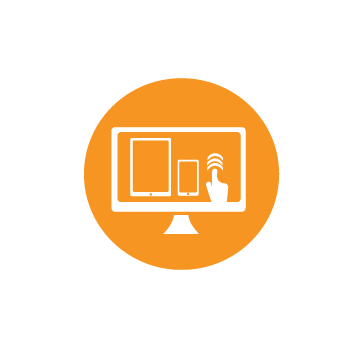 Orange circle with a computer monitor showing a tablet and phone, a hand touching the screen.