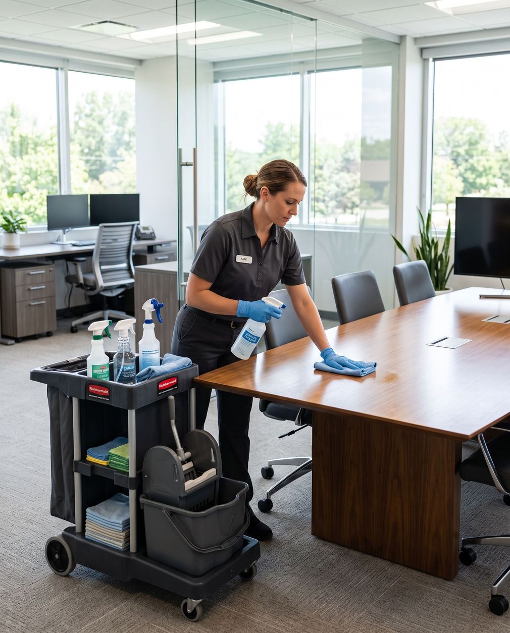 Janitor cleaning a conference room table with a spray bottle and blue gloves.