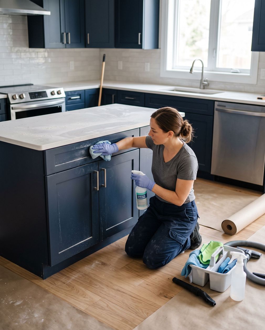 Person kneeling and painting navy kitchen cabinets in a bright kitchen