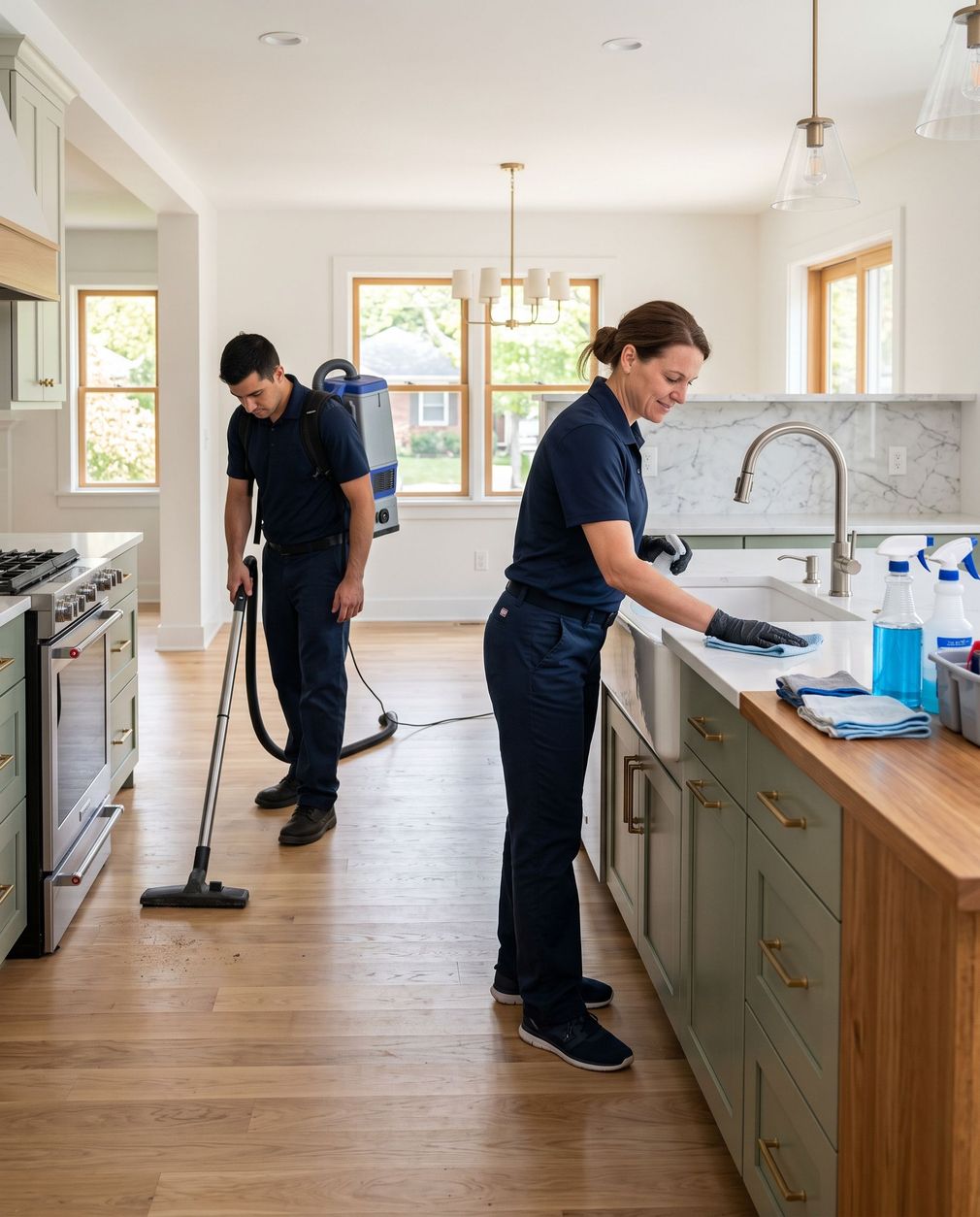 Two cleaners vacuuming and wiping a bright kitchen with wood floors and green cabinets.