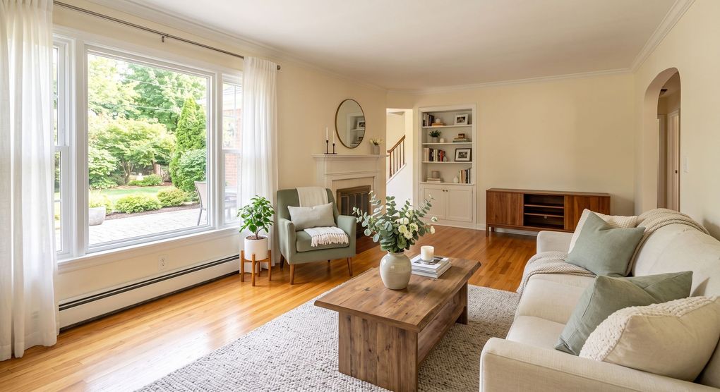 Bright living room with large window, white sofa, wooden coffee table, and soft neutral decor