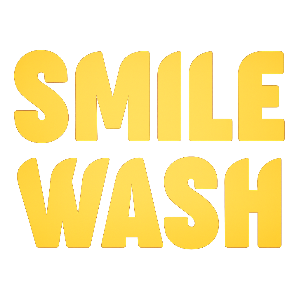 Scritta gialla “SMILE WASH” su sfondo bianco