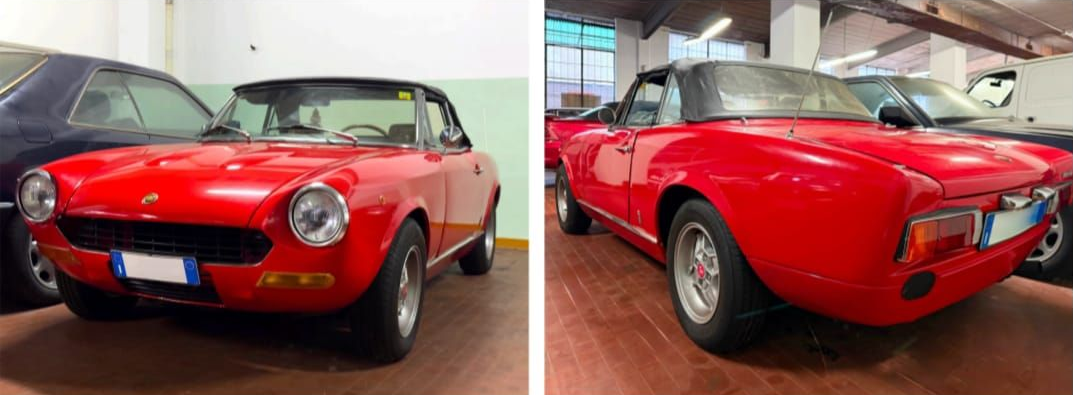 Auto sportiva d'epoca rossa esposta in un ambiente interno, ripresa da diverse angolazioni: frontale e posteriore.
