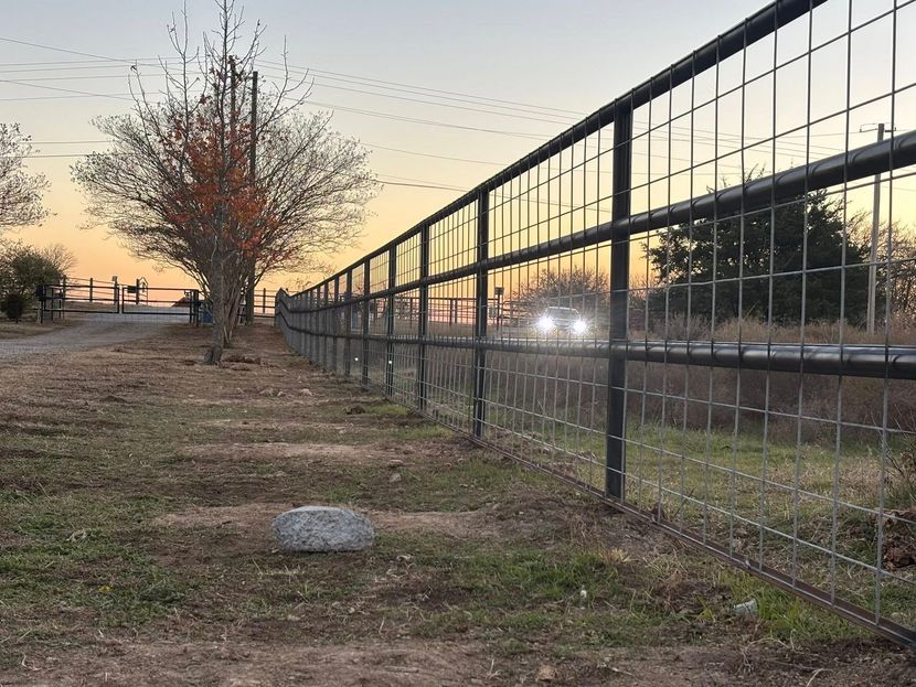 Rural fence line at sunset with a lone tree and dirt path under a pale sky