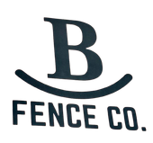 Black logo with a stylized “B” above “FENCE CO.” in bold letters