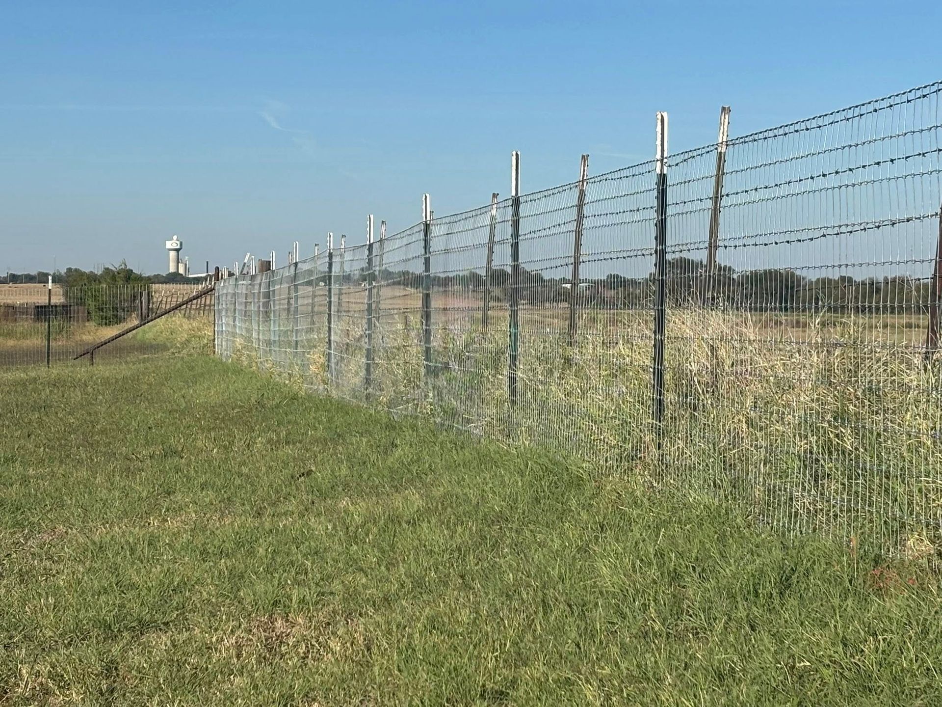 Chain-link fence along a grassy field under a clear blue sky.