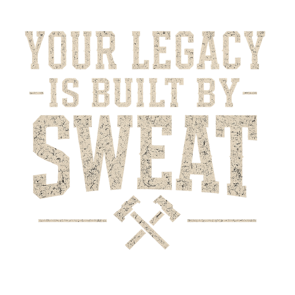 Text graphic reading “Your legacy is built by sweat” with crossed tools below.
