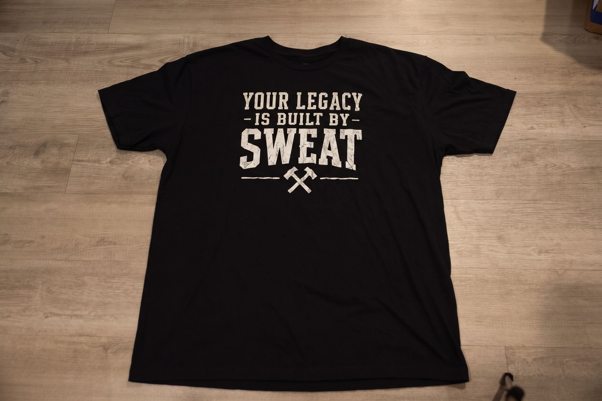 Black T-shirt with white text reading “Your legacy is built by sweat” on a wooden floor.