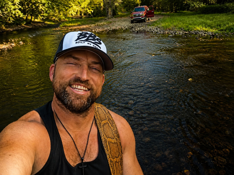 Smiling man in a cap standing in a shallow creek, with a red truck in the background.