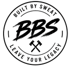 Black-and-white circular logo reading &ldquo;Built by Sweat&rdquo; and &ldquo;Leave Your Legacy&rdquo; with &ldquo;BBS&rdquo; and crossed hammers.