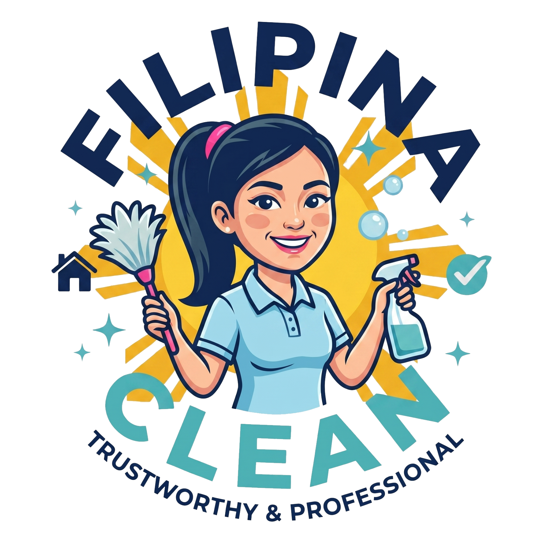 Filipina Clean logo with a smiling cleaner holding a mop and spray bottle, with “Trustworthy & Professional” text