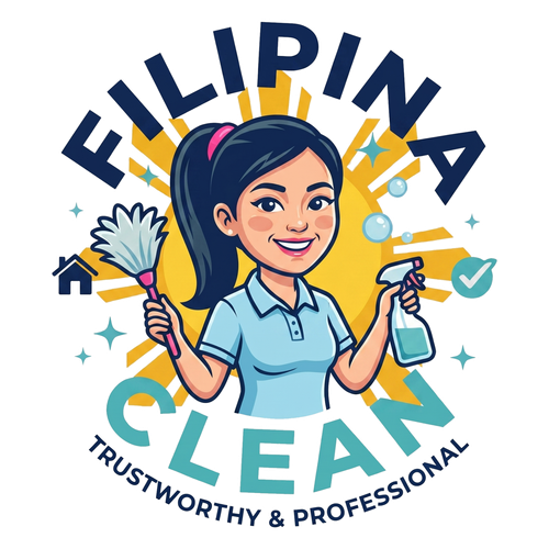 Filipina Clean logo with a smiling cleaner holding a mop and spray bottle, with “Trustworthy & Professional” text
