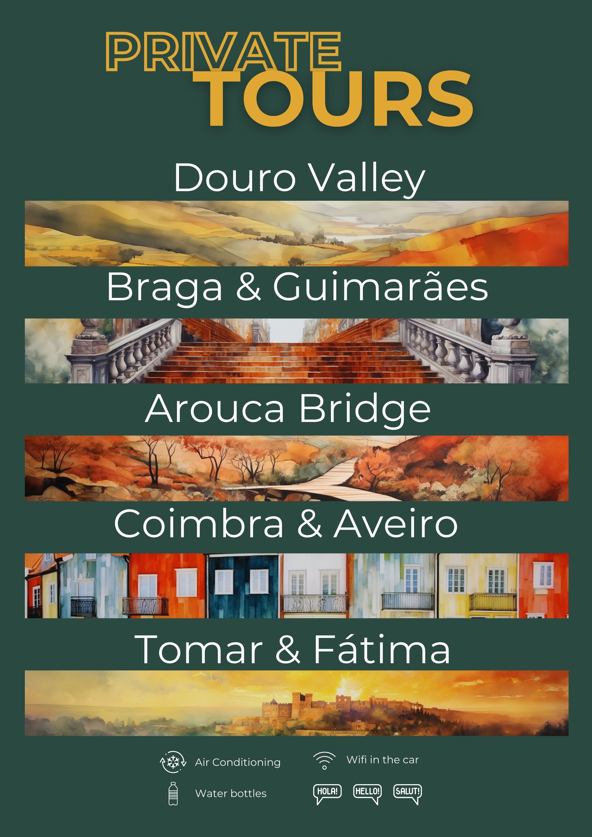 Casa Kala private tours: Douro Valley, Braga, Guimarães, Aveiro, Coimbra, Tomar, Fátima, and Arouca Bridge