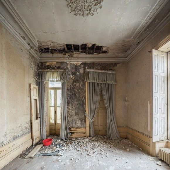 Room before restoration with damaged ceiling