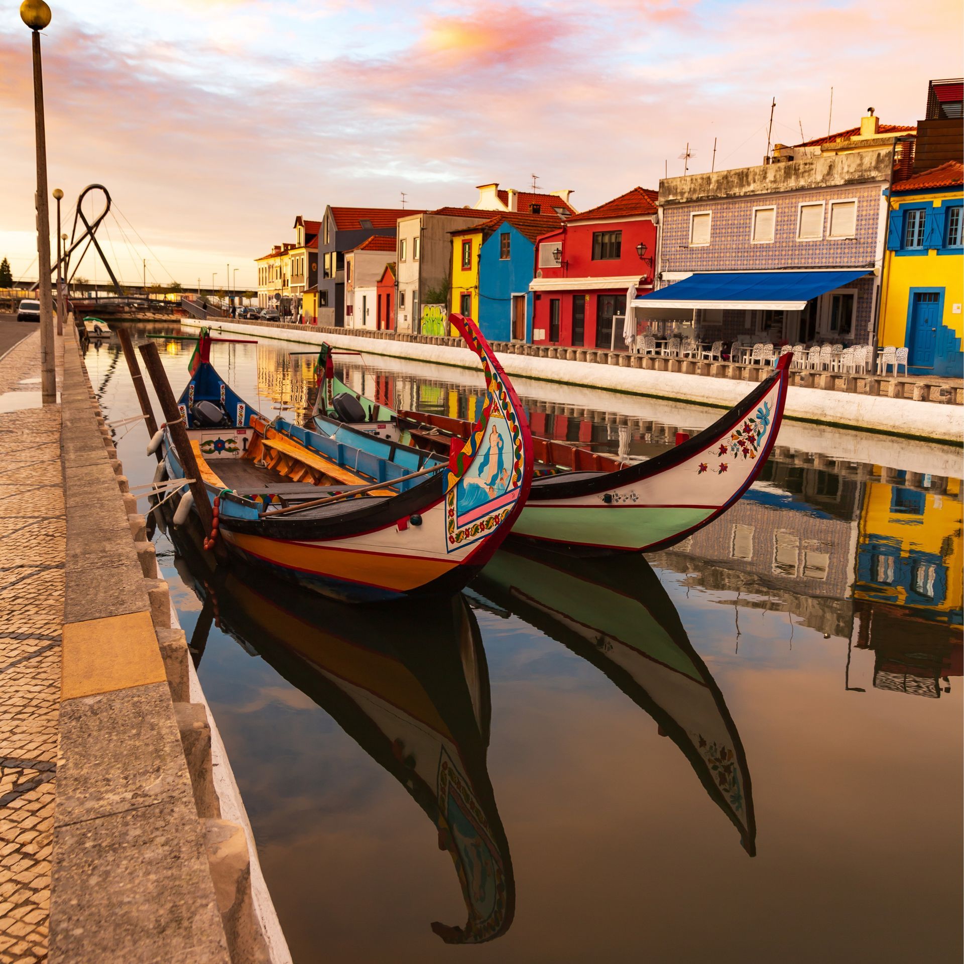 Traditional Moliceiro Boats on a canal in Aveiro, Portugal