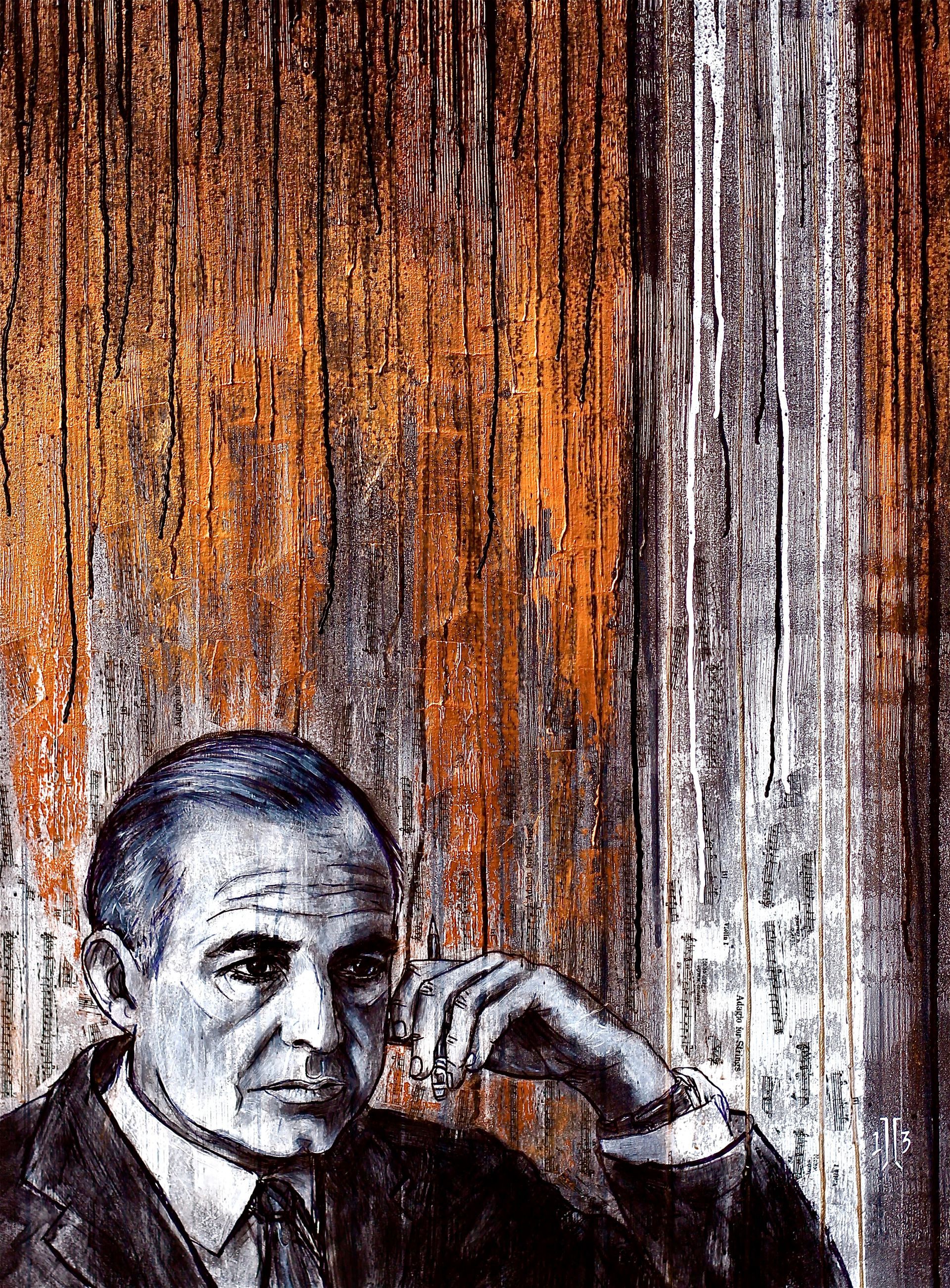 Portrait of a man resting his head on his hand against a textured orange and gray background