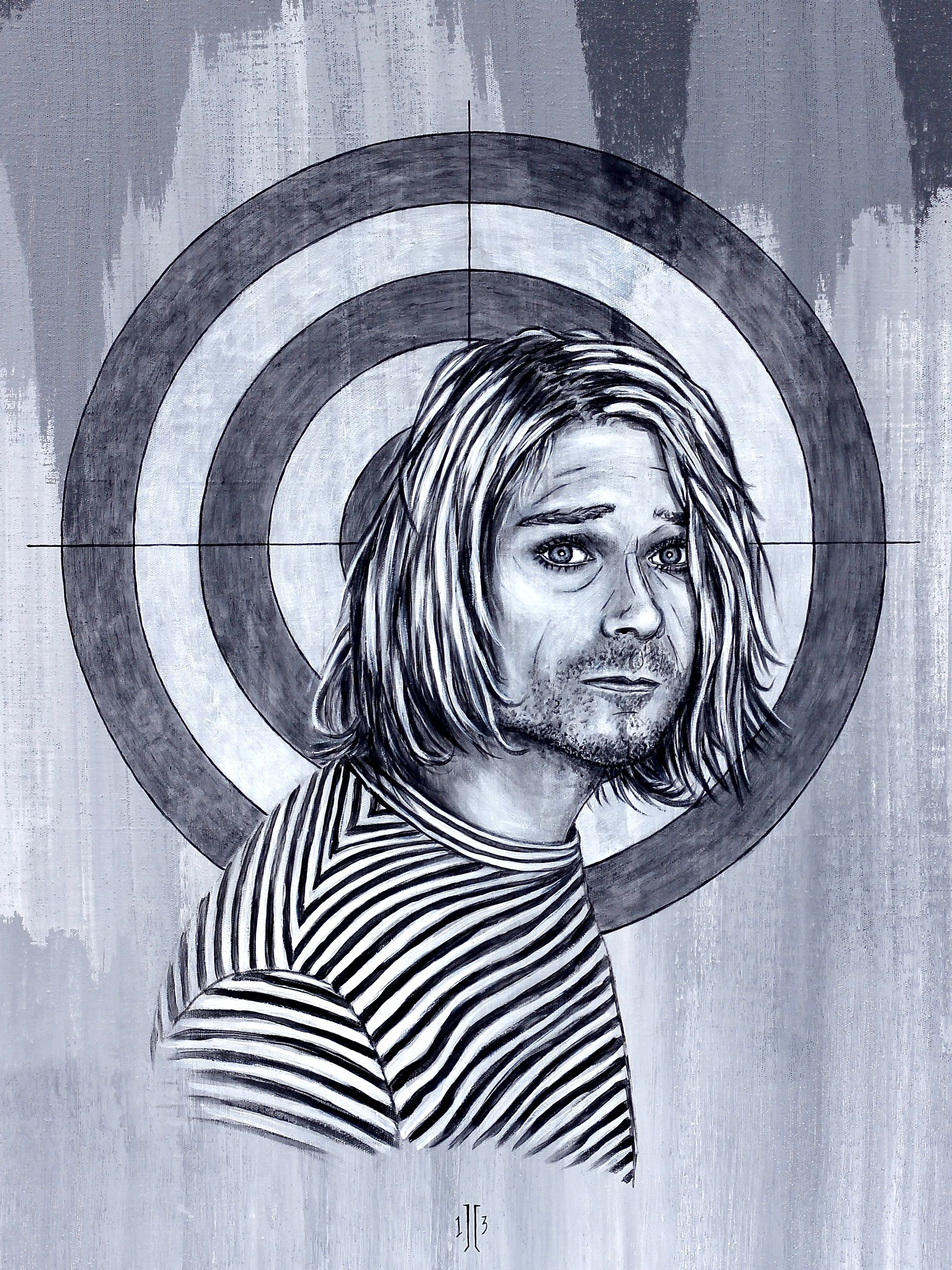 Black-and-white portrait of a long-haired person in a striped shirt against a target-like circular background
