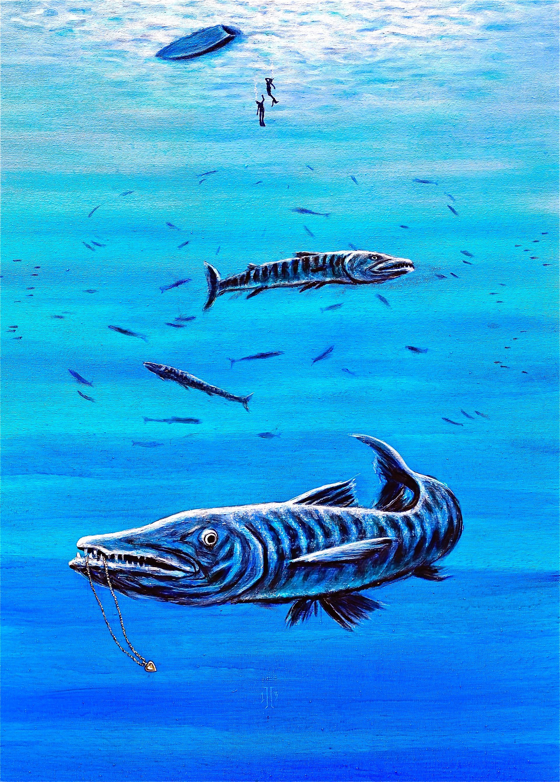 Two fish and several smaller fish swimming in bright blue water