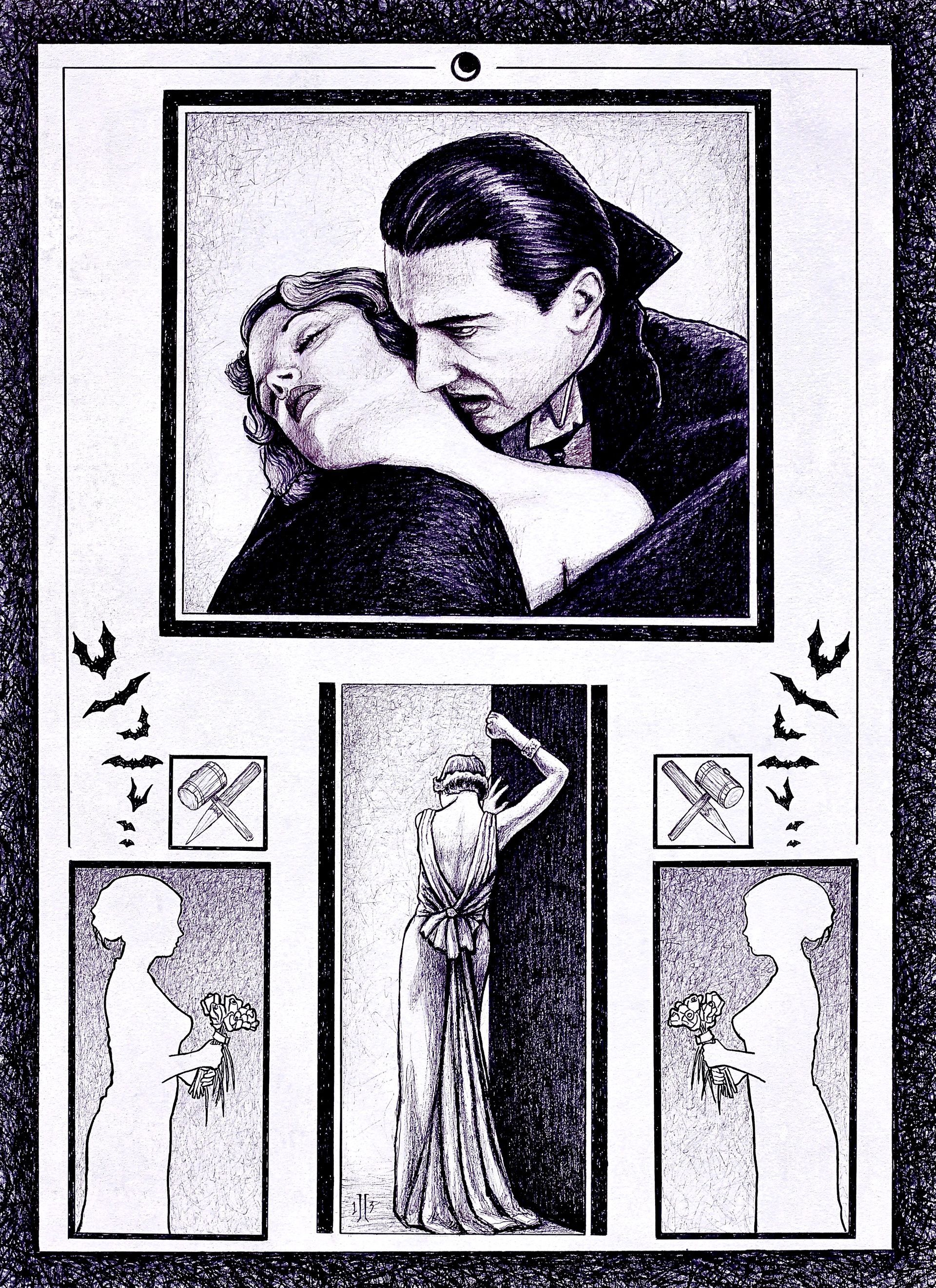 Vintage black-and-white poster of a man kissing a woman’s neck, with three small decorative figures below