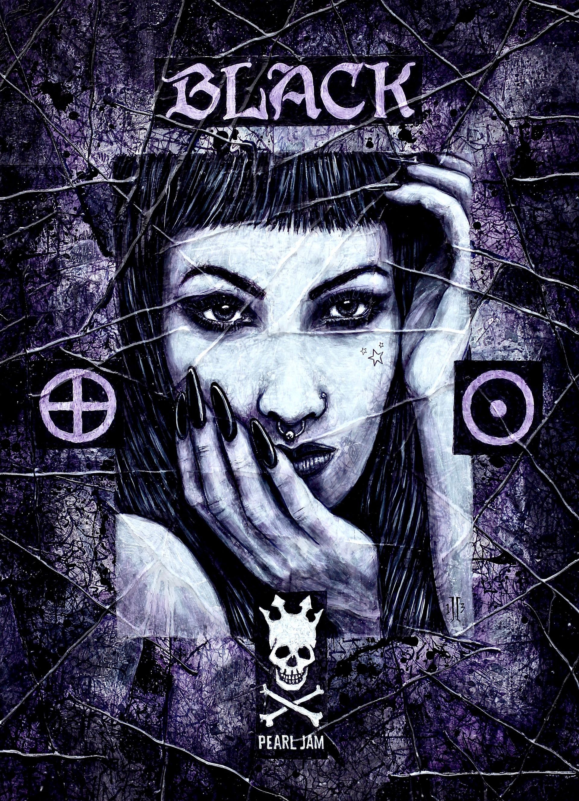 Gothic black-and-white portrait with “BLACK” text, a person covering their mouth, and occult symbols on a grunge background