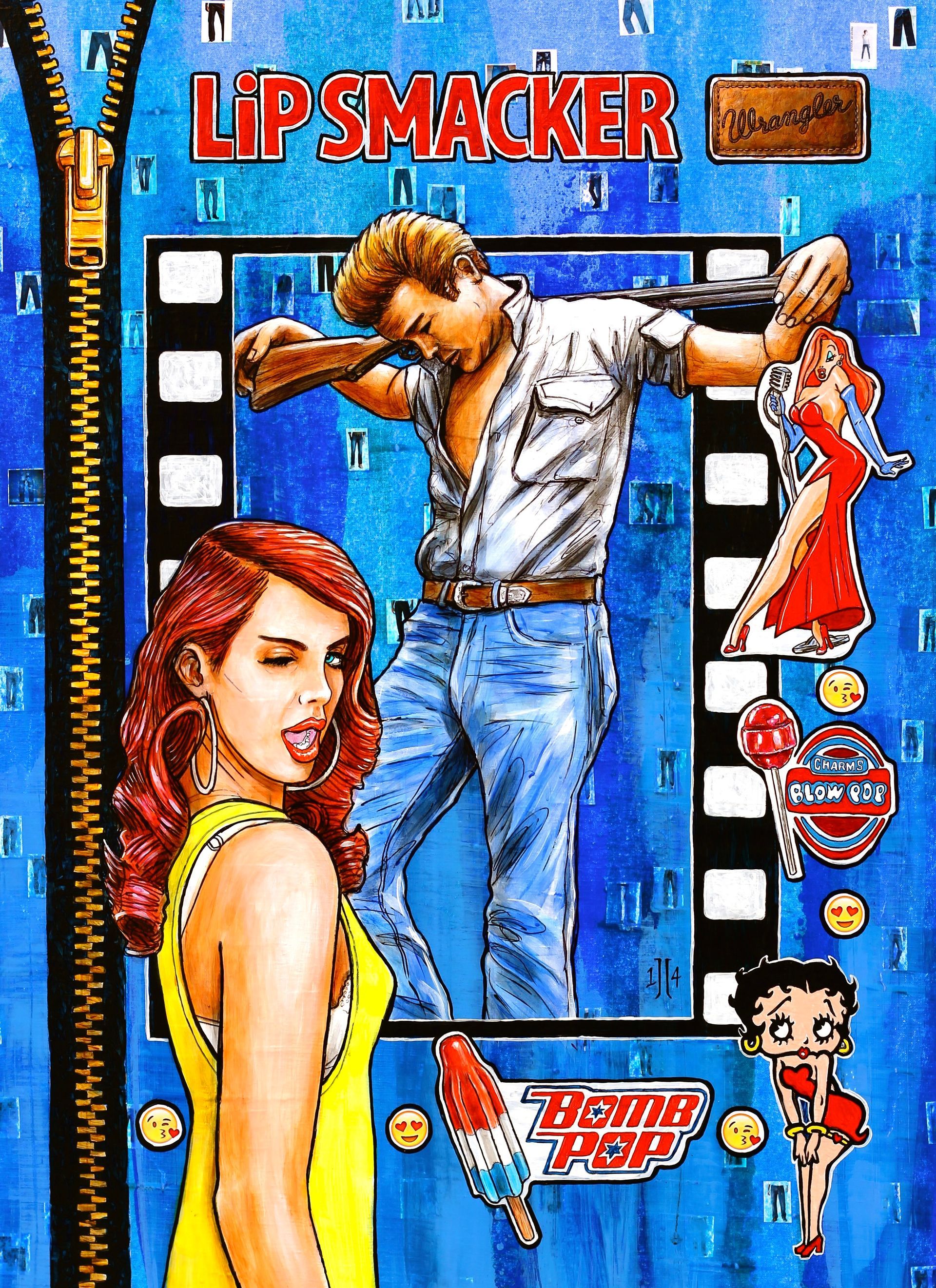 Lip Smacker product packaging with retro comic-style artwork of a man and women on a blue background