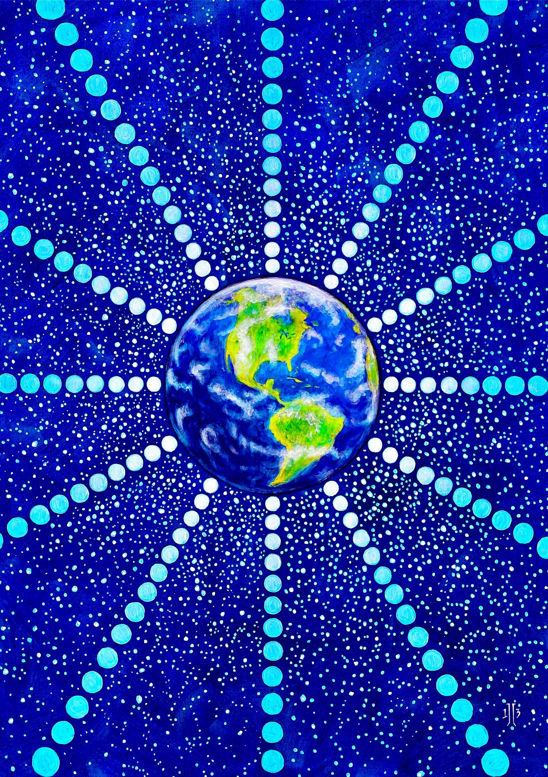 Glowing Earth centered on a blue starburst background of dotted rays