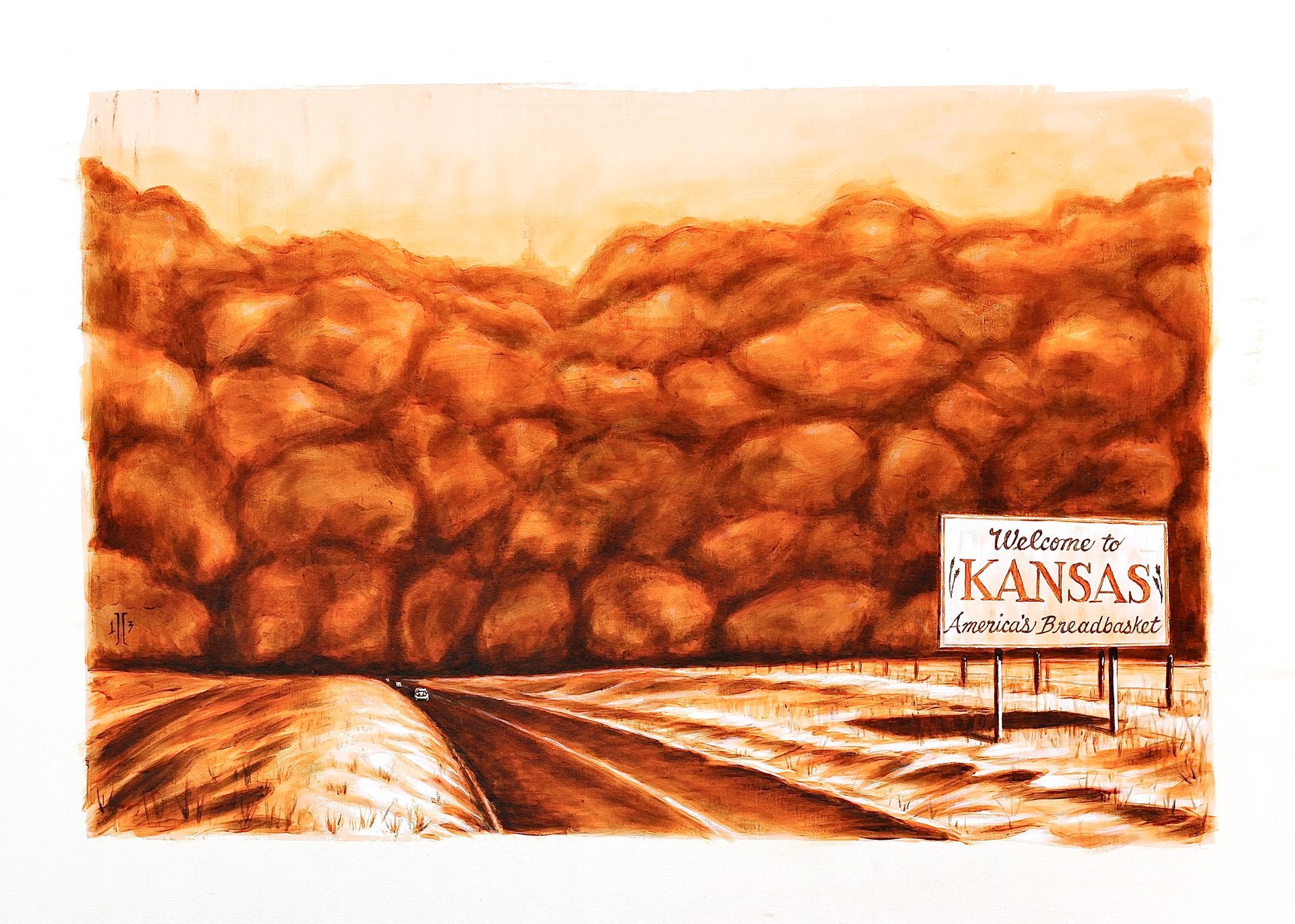 Kansas road scene with orange clouds and a sign by a dirt road