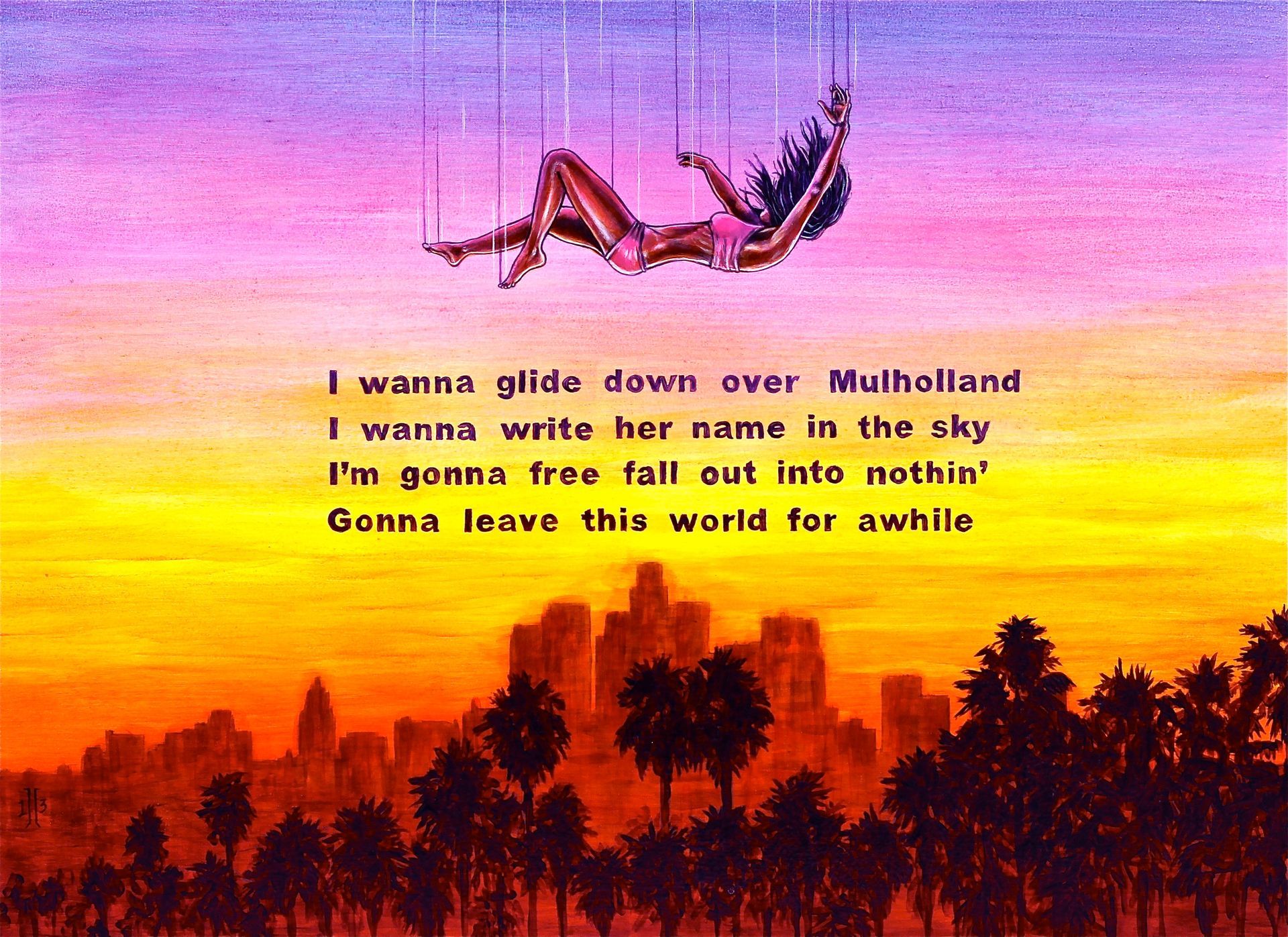 Silhouette of two people falling through a pink-orange sky above trees, with a quote overlaid.