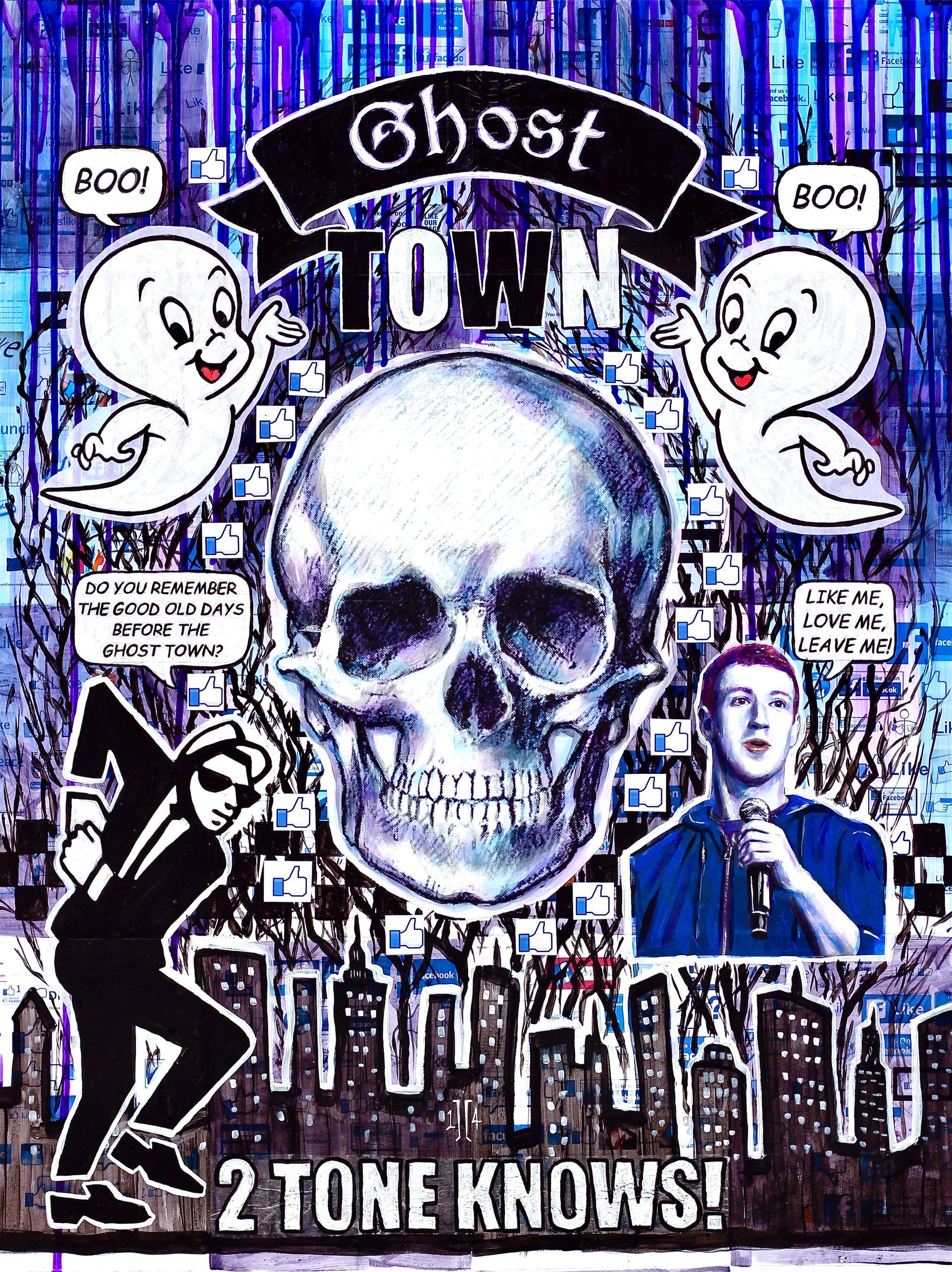 Ghost Town album cover with skull, ghosts, and a man in a black suit over a purple city backdrop