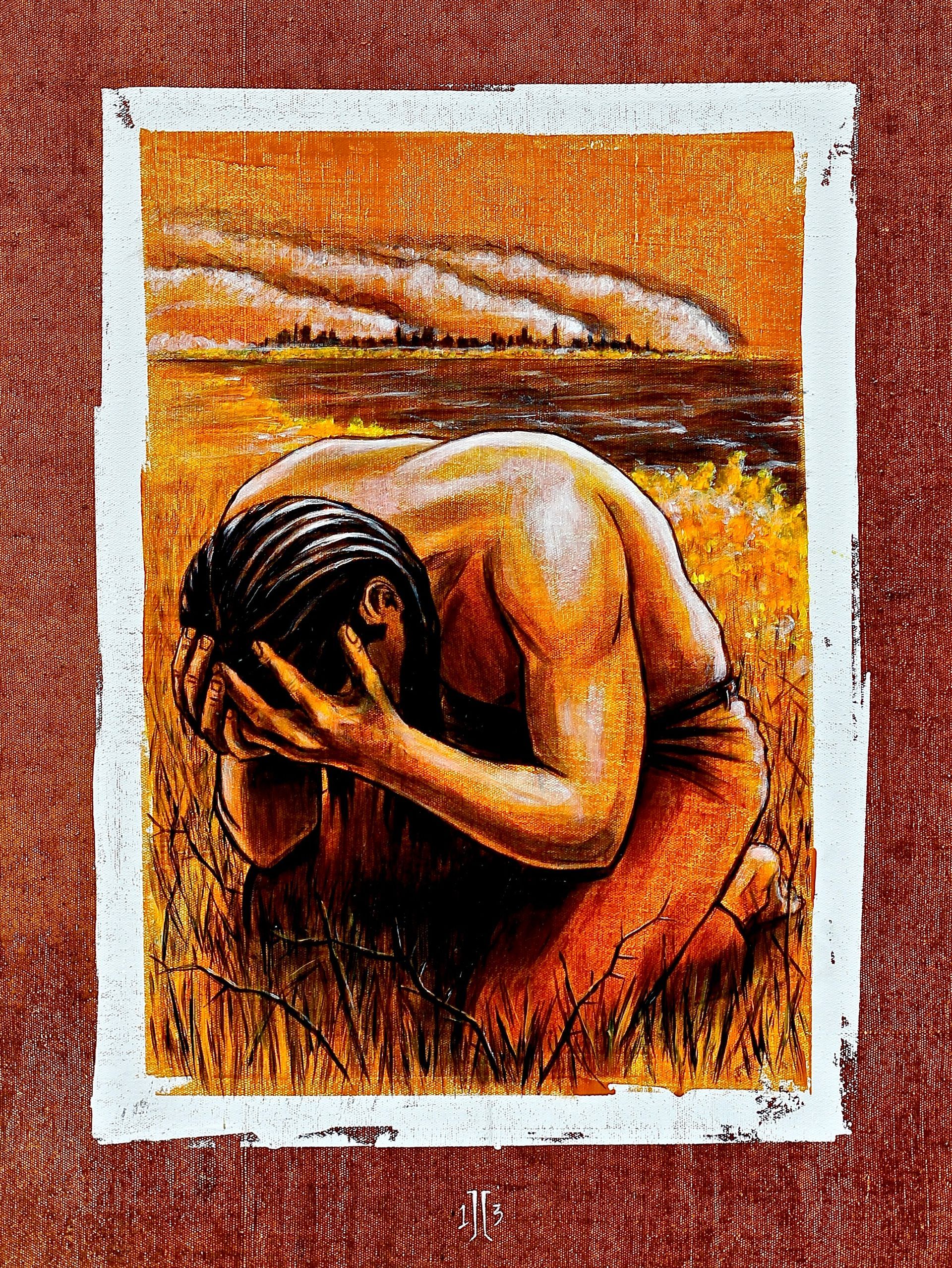 Crouched figure with head bowed and arms wrapped around knees in a warm orange, textured scene