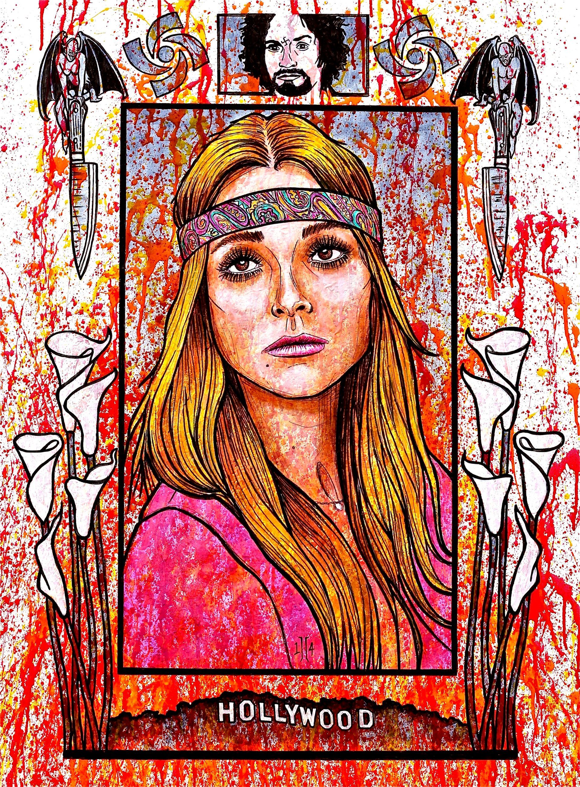 Pop-art portrait of a blonde woman in a pink top, framed by Hollywood-themed graphics and text.