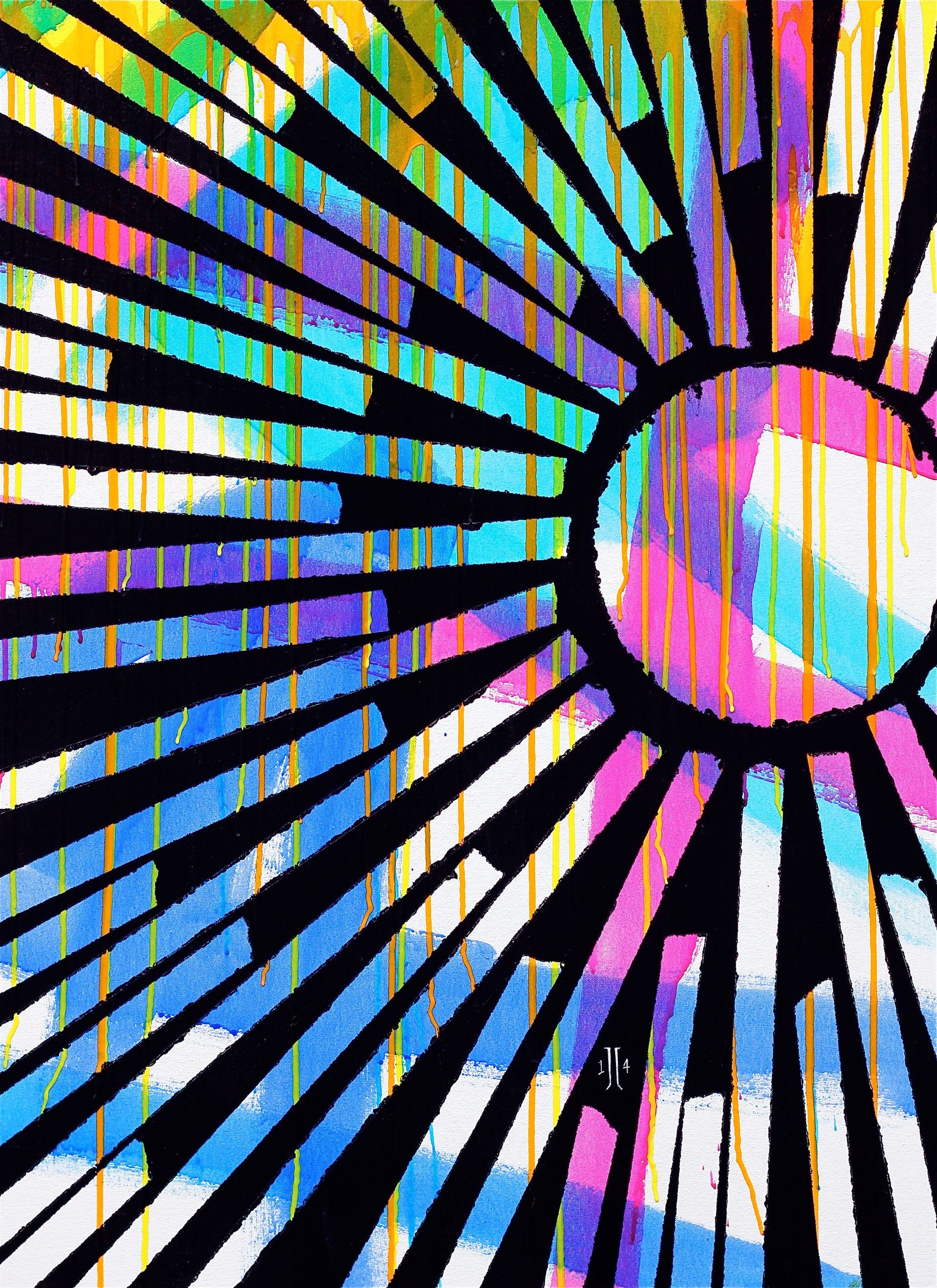 Abstract rainbow sunburst with black radial lines and a pink center on a textured background