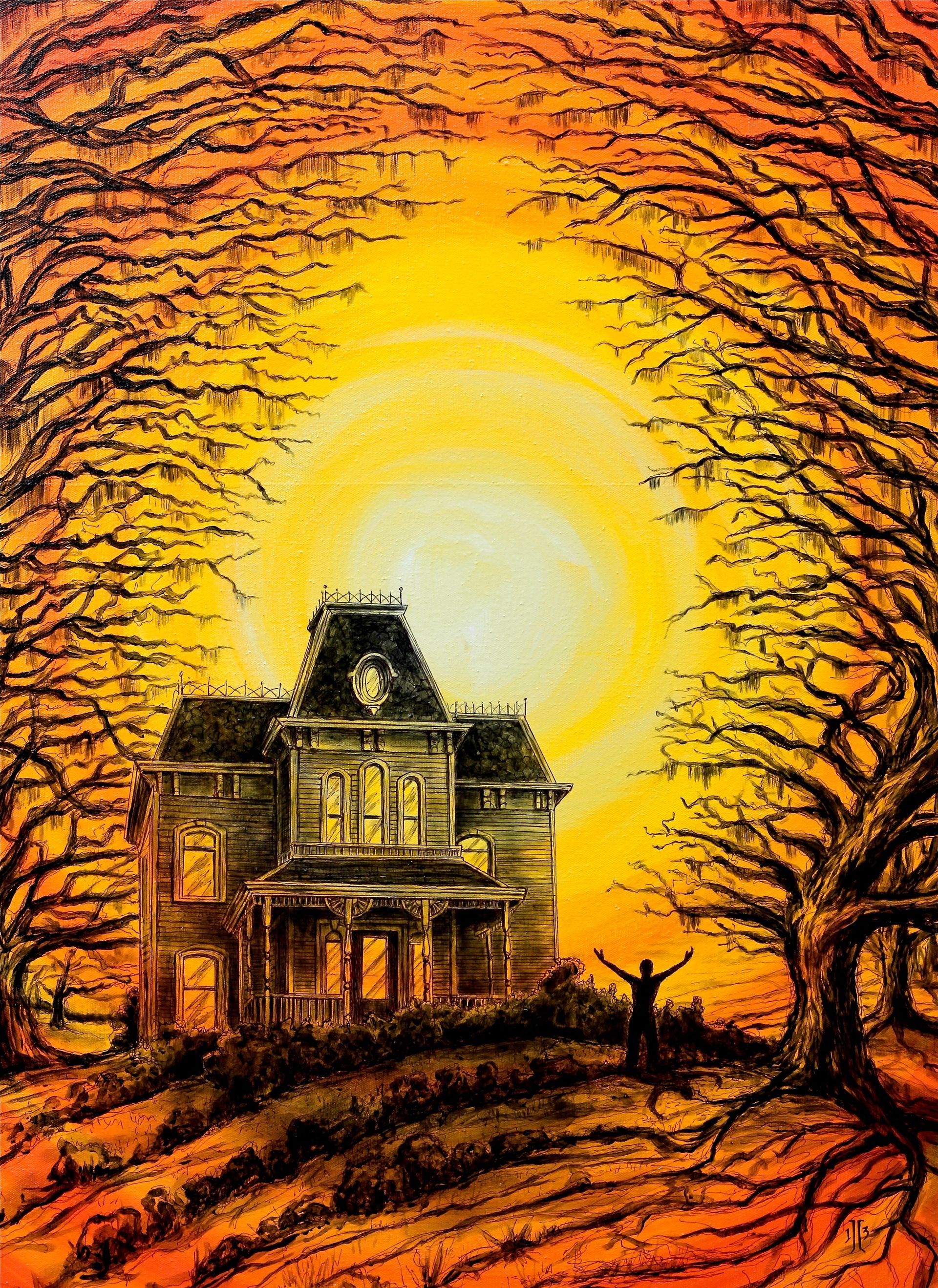 Old Victorian house beneath a glowing sunset, framed by dark, swirling trees and orange sky